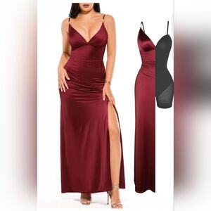 Women's Burgundy Satin V-Neck Slit Evening Dress
